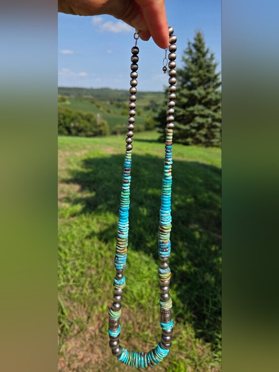 Native American Jewelry - Kingman Turquoise And Sterling Pearls 32" Necklace